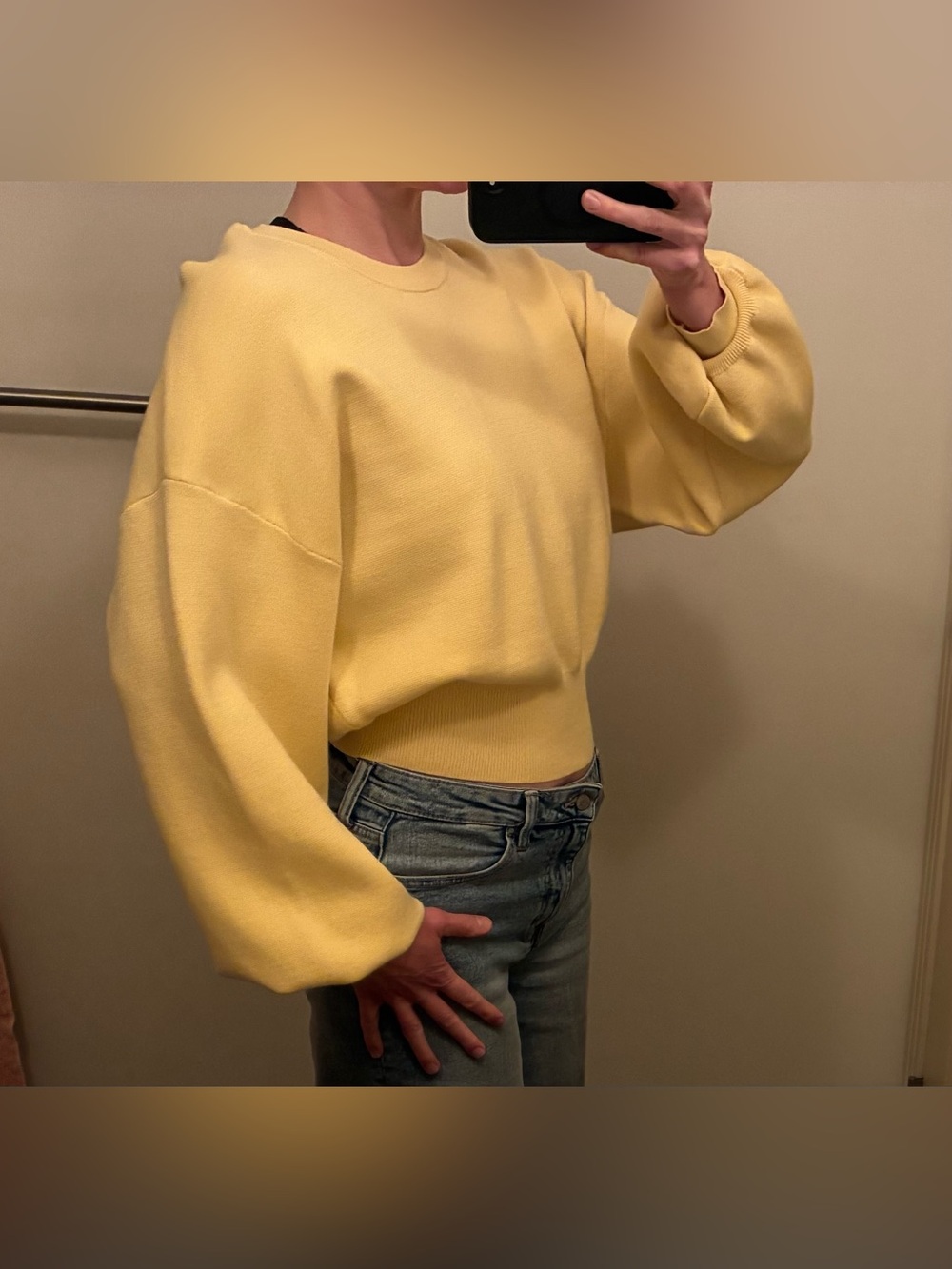 Yellow Balloon Sleeve Women's Sweater - Classic Crewneck